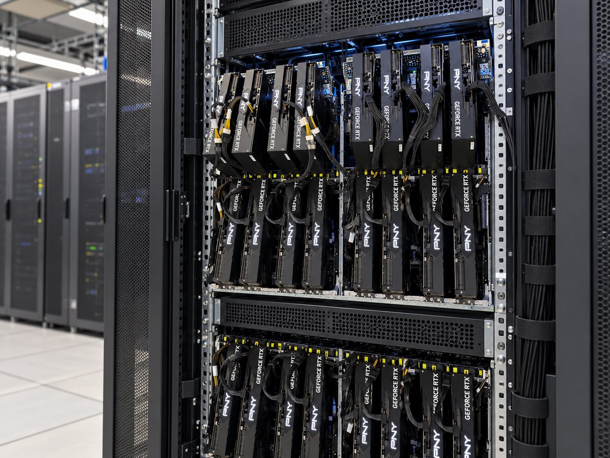 Two of our multi-GPU servers, open, with sixteen NVIDIA GeForce RTX cards